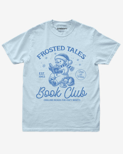 Chambray shirt with cute snowman reading book design and “Frosted Tales Book Club” text