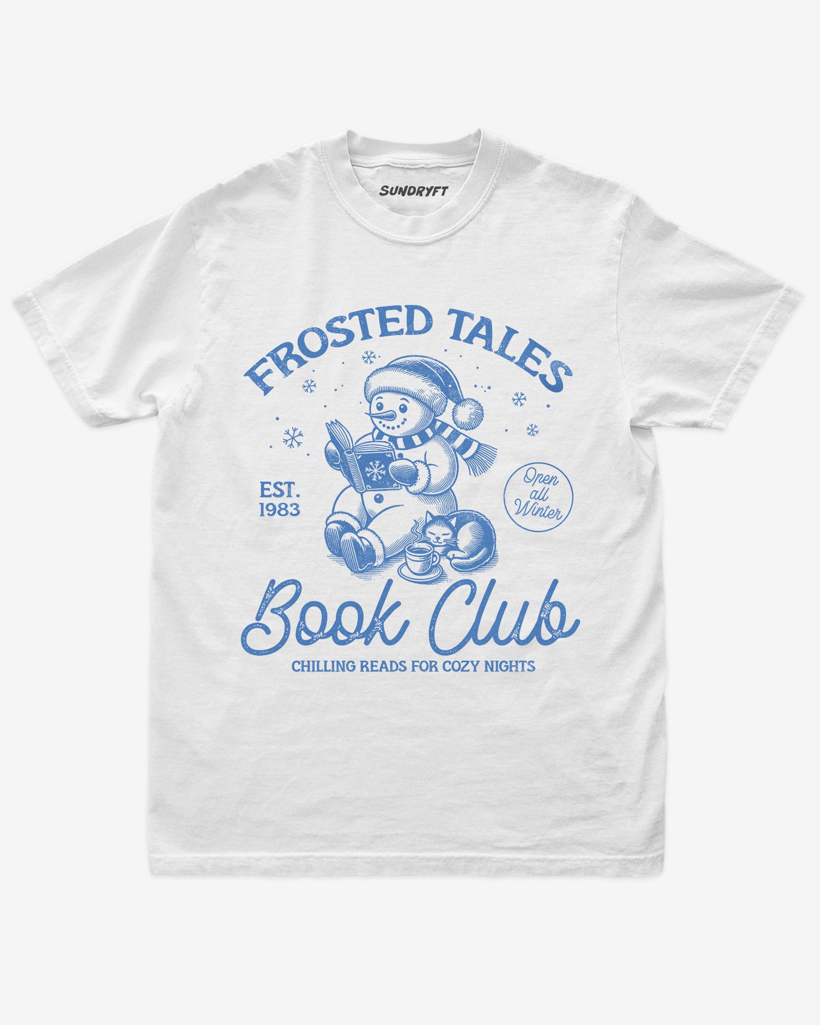 White shirt with cute snowman reading book design and “Frosted Tales Book Club” text