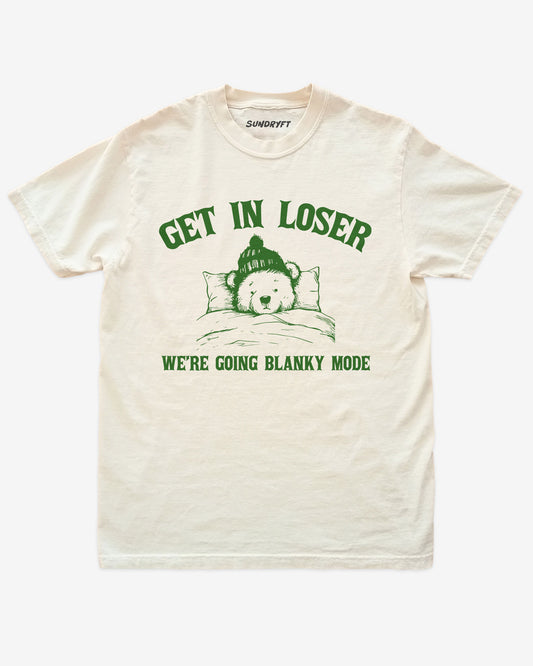 Get In Loser We're Going Blanky Mode shirt in ivory with funny retro graphic of little bear in bed