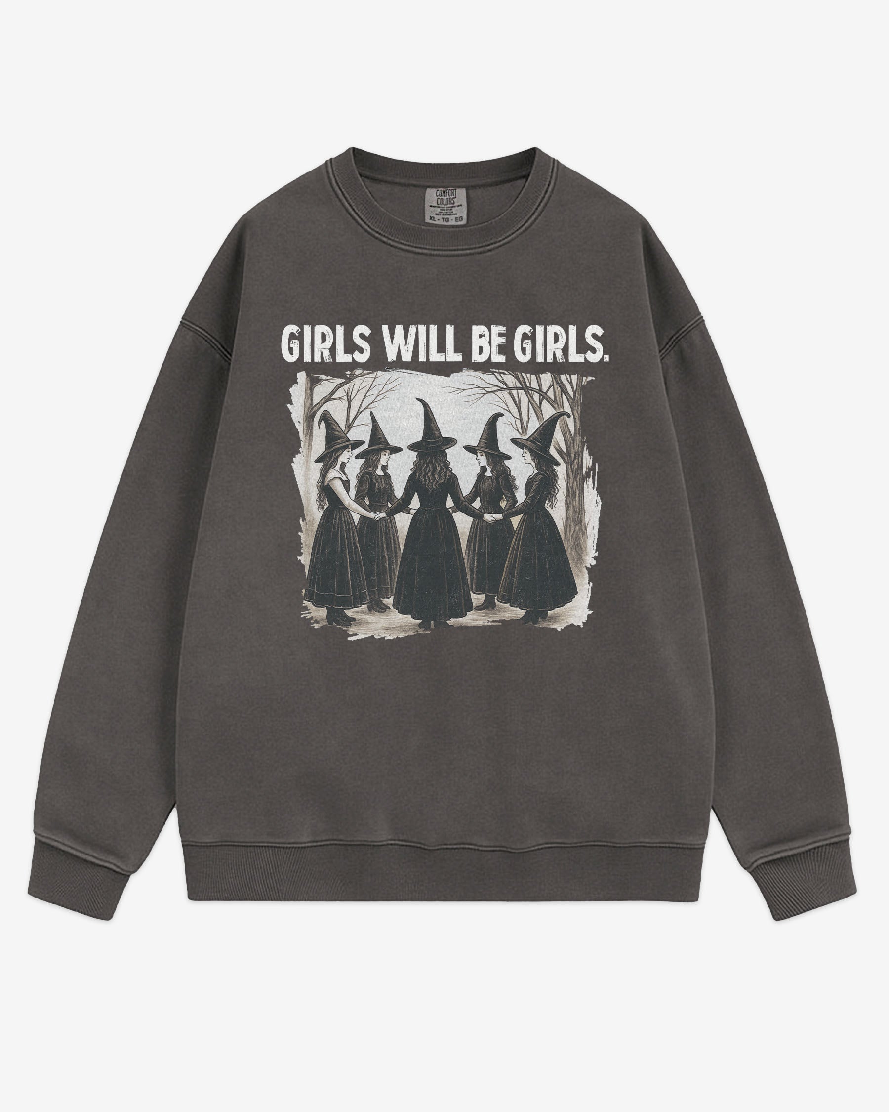 Flat lay pepper 'Girls Will Be Girls' sweatshirt with retro graphic of witches holding hands in a Halloween ritual.