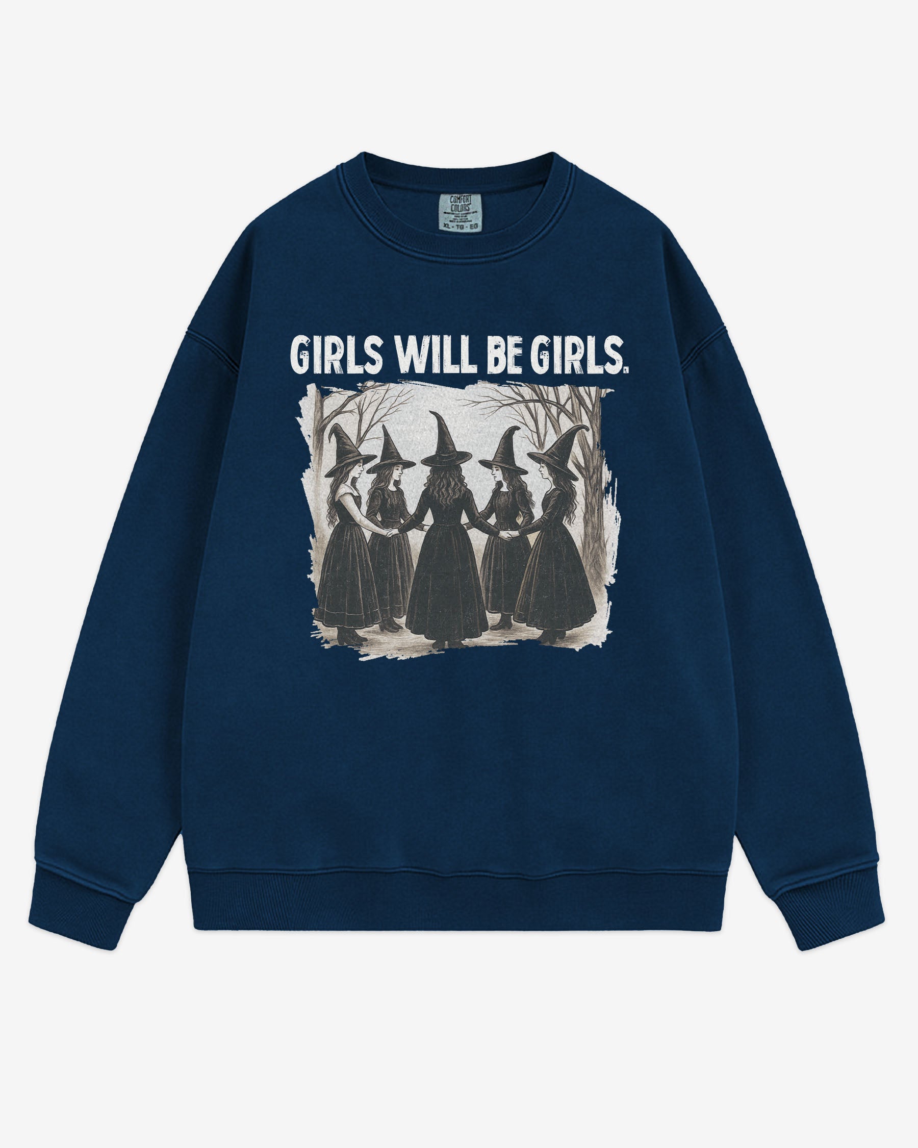 Flat lay true navy 'Girls Will Be Girls' sweatshirt with retro graphic of witches holding hands in a Halloween ritual.