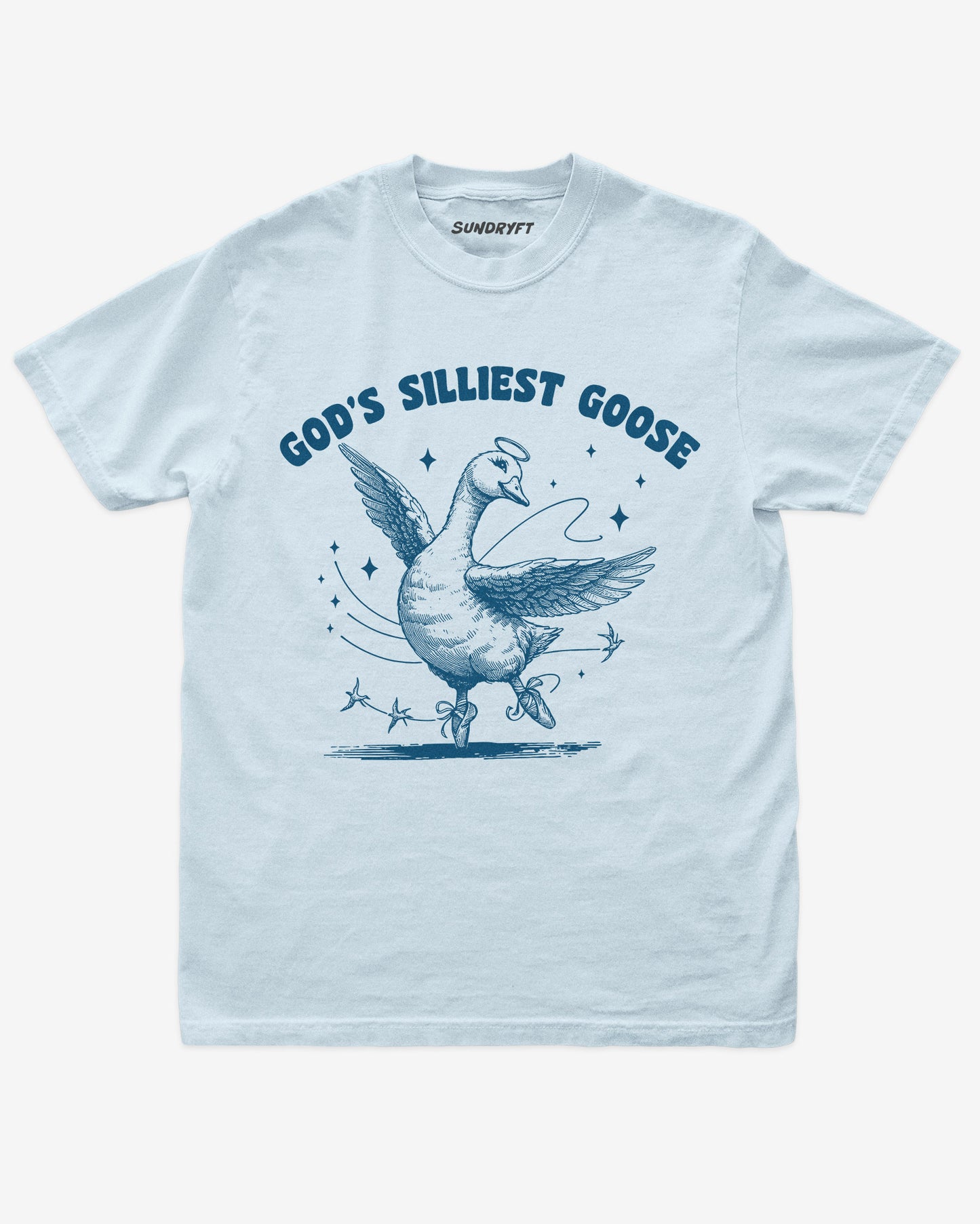 God's Silliest Goose shirt in chambray with funny graphic of dancing goose with halo