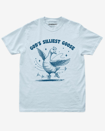 God's Silliest Goose shirt in chambray with funny graphic of dancing goose with halo