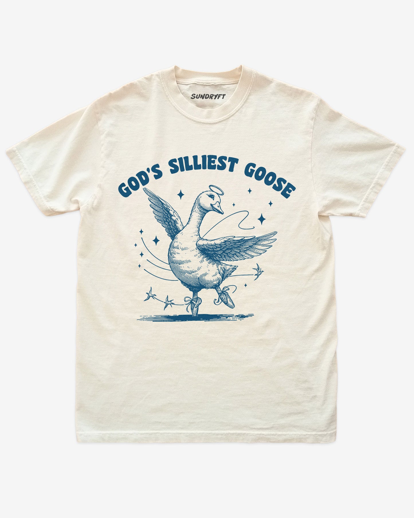 God's Silliest Goose shirt in ivory with funny graphic of dancing goose with halo