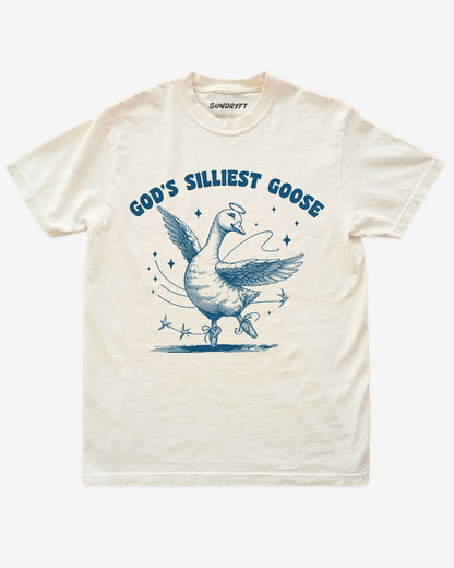 God's Silliest Goose shirt in ivory with funny graphic of dancing goose with halo