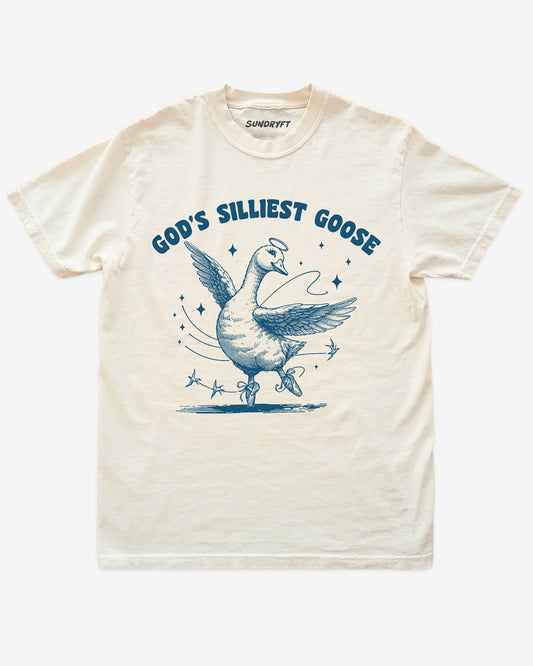 God's Silliest Goose shirt in ivory with funny graphic of dancing goose with halo