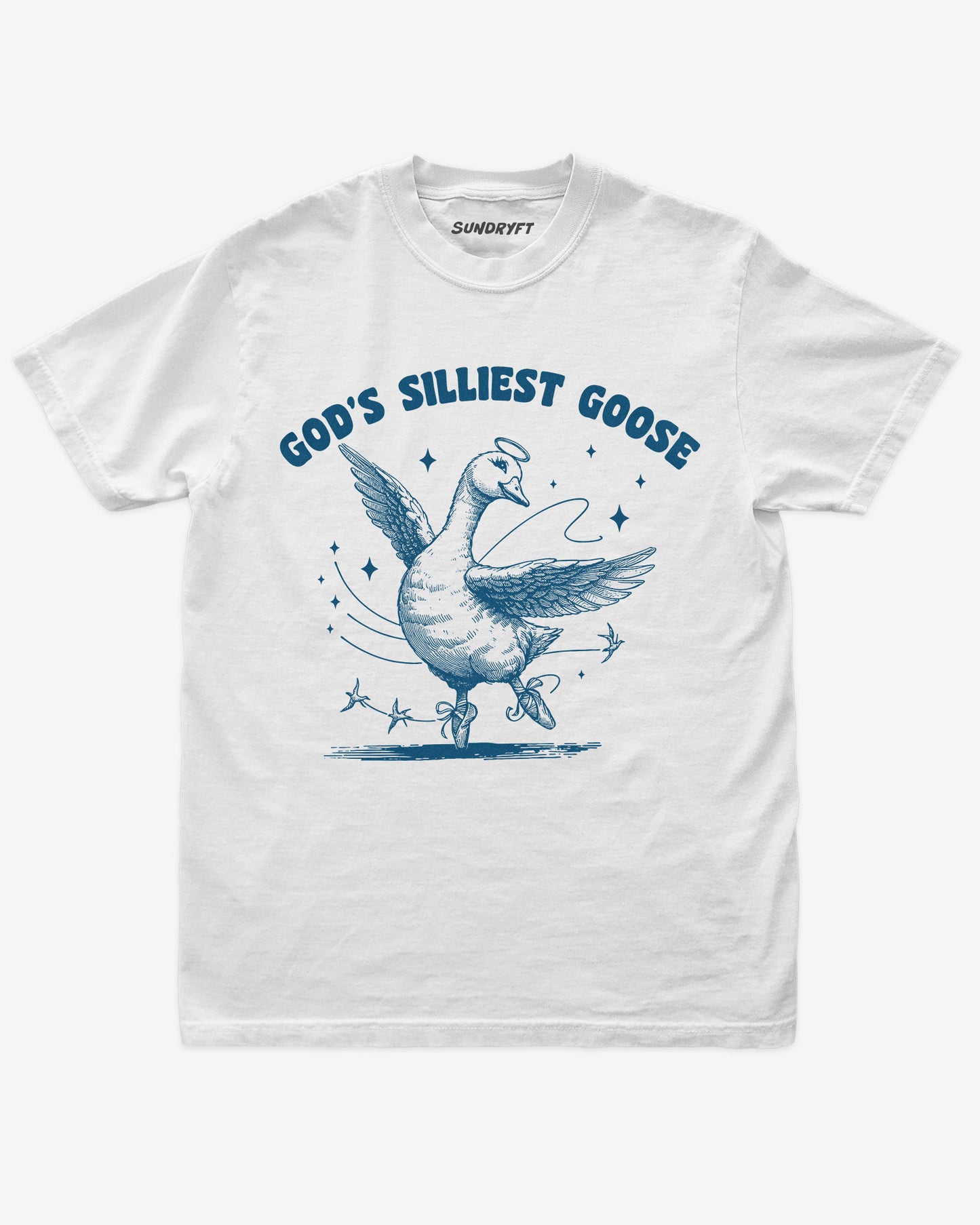 God's Silliest Goose shirt in white with funny graphic of dancing goose with halo