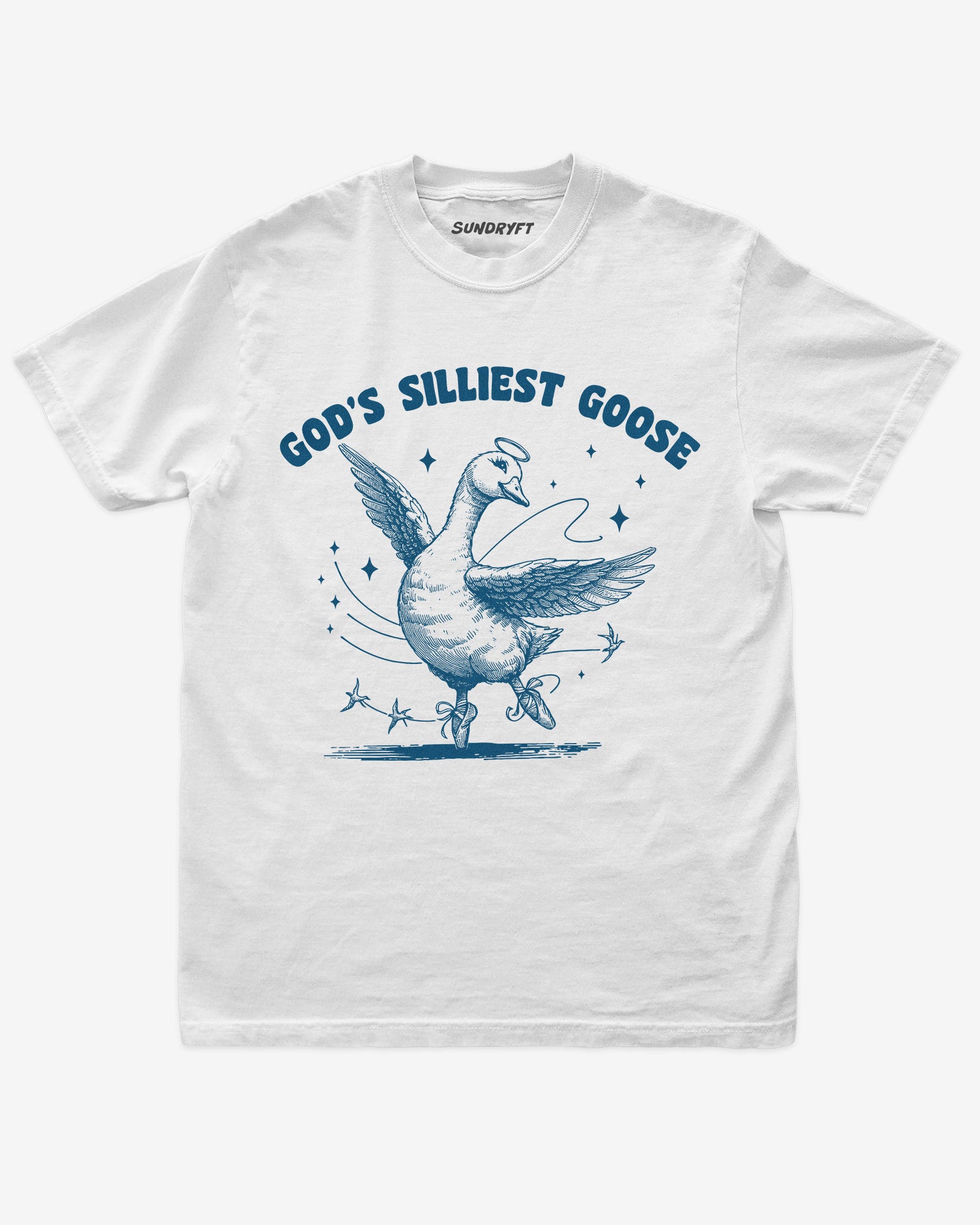God's Silliest Goose shirt in white with funny graphic of dancing goose with halo