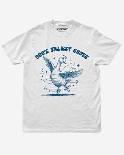 God's Silliest Goose shirt in white with funny graphic of dancing goose with halo