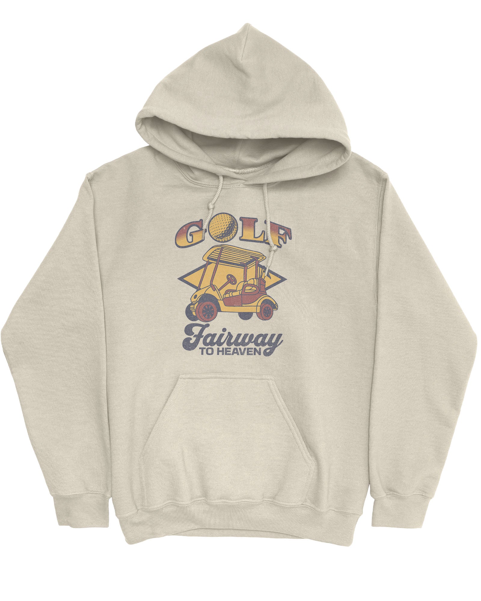 Flat lay of a sand beige hoodie with a retro graphic of a golf cart and the quote 'Golf, Fairway To Heaven'.