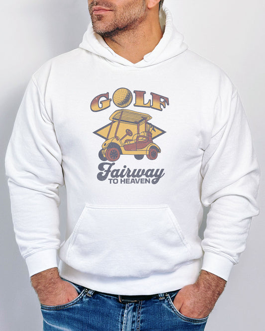 Man wearing a white hoodie with a retro graphic of a golf cart and the quote 'Golf, Fairway To Heaven'.