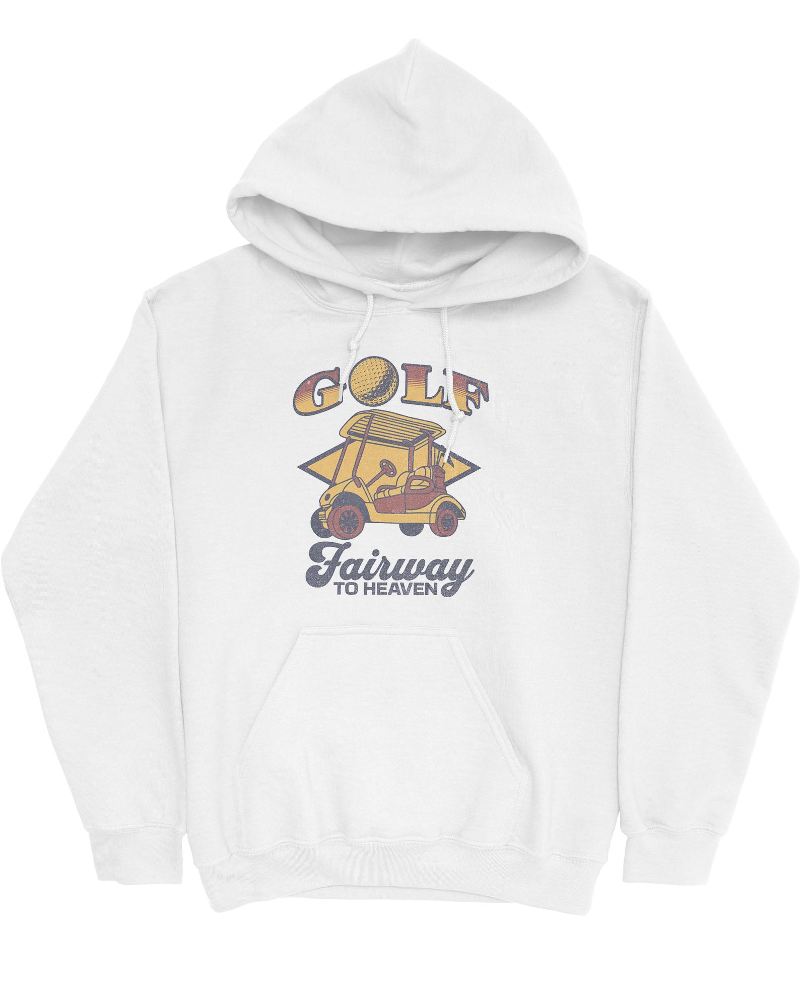 Flat lay of a white hoodie with a retro graphic of a golf cart and the quote 'Golf, Fairway To Heaven'.