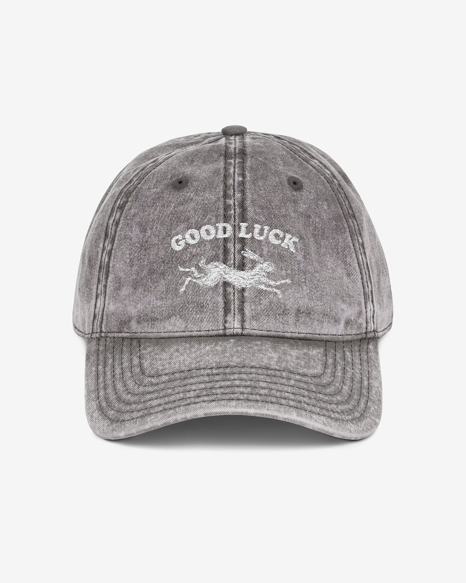 Good Luck embroidered vintage cap in charcoal gray with retro graphic of running rabbit