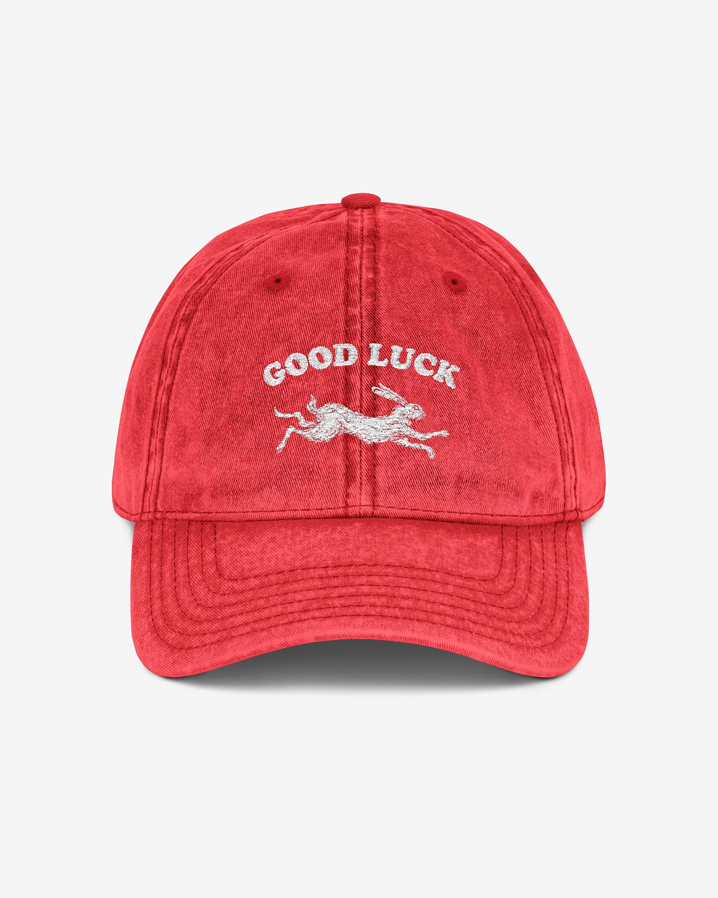 Good Luck embroidered vintage cap in red with retro graphic of running rabbit