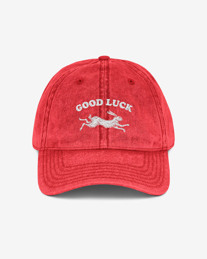 Good Luck embroidered vintage cap in red with retro graphic of running rabbit