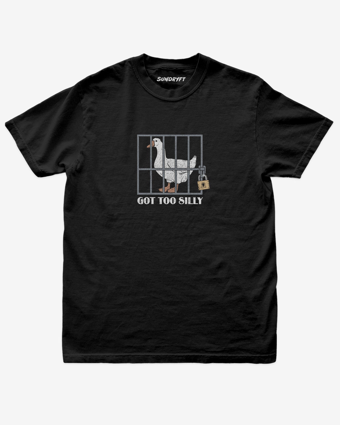 Black “Got Too Silly” funny silly goose vintage graphic shirt flat lay.