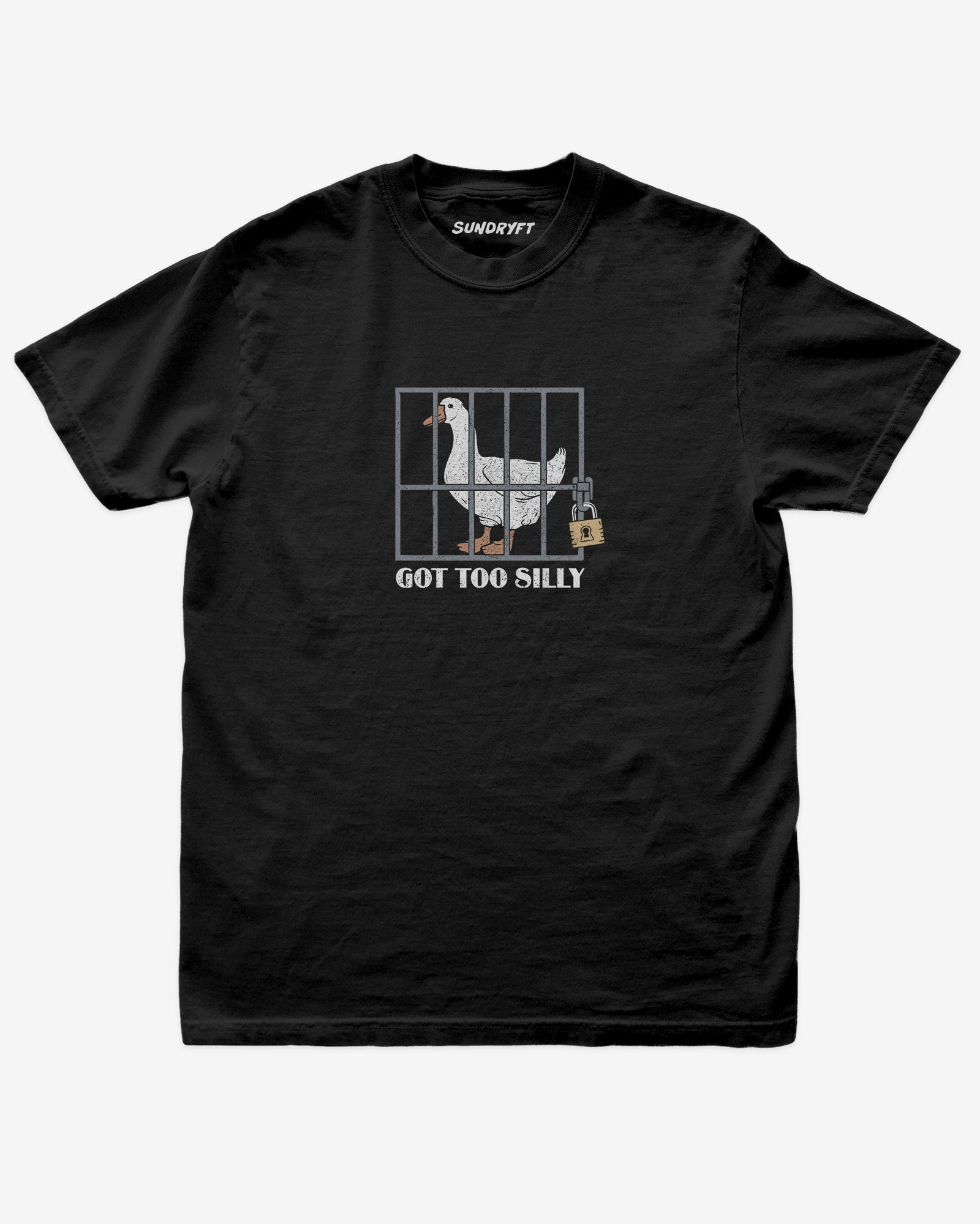 Black “Got Too Silly” funny silly goose vintage graphic shirt flat lay.