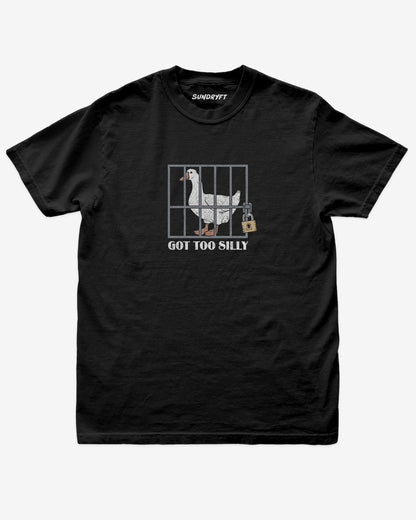 Black “Got Too Silly” funny silly goose vintage graphic shirt flat lay.