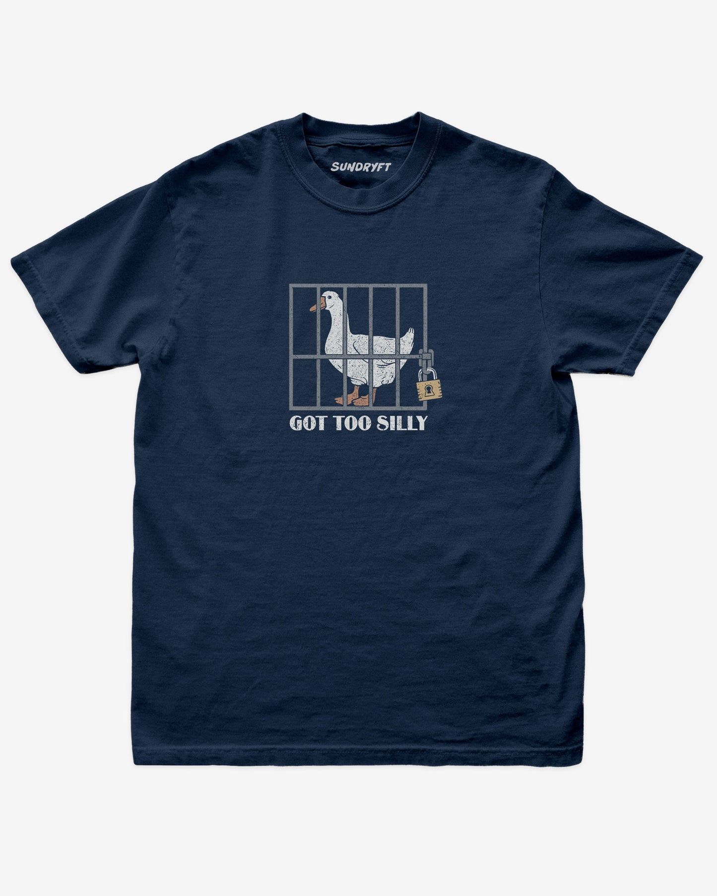 True Navy “Got Too Silly” funny silly goose vintage graphic shirt flat lay.