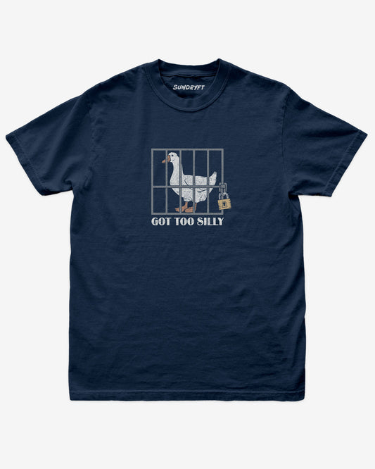 True Navy “Got Too Silly” funny silly goose vintage graphic shirt flat lay.