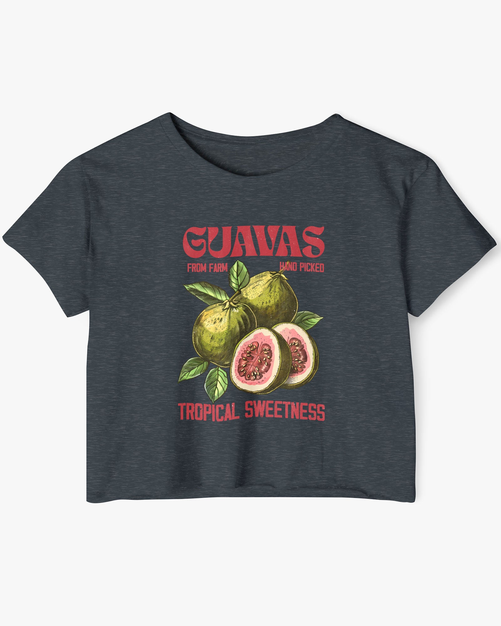 Flat lay of an antique denim crop top with a retro commercial guavas fruit graphic.