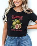 Woman wearing a black crop top with a retro commercial guavas fruit graphic.