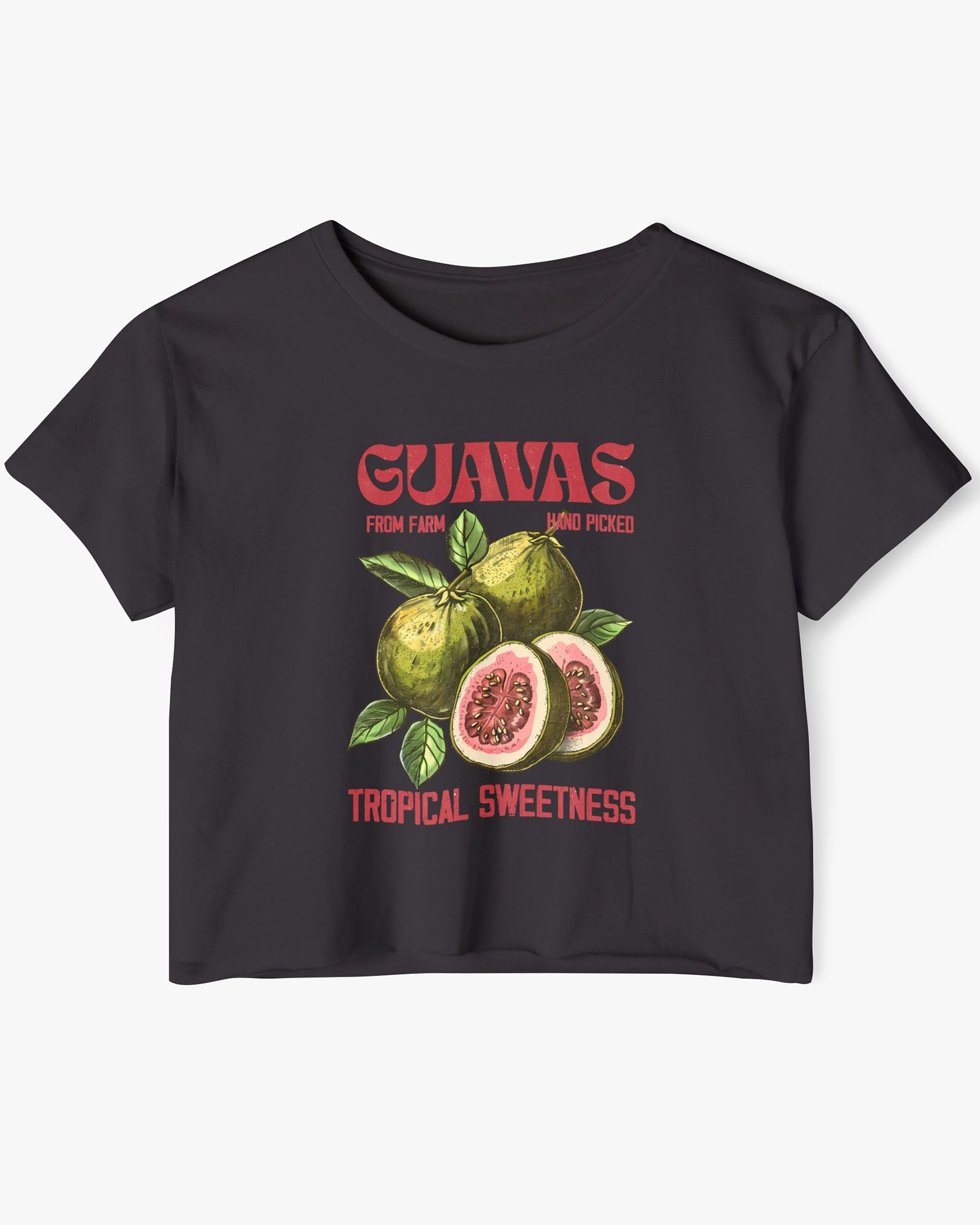 Flat lay of a black crop top with a retro commercial guavas fruit graphic.