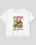 Flat lay of a white crop top with a retro commercial guavas fruit graphic.