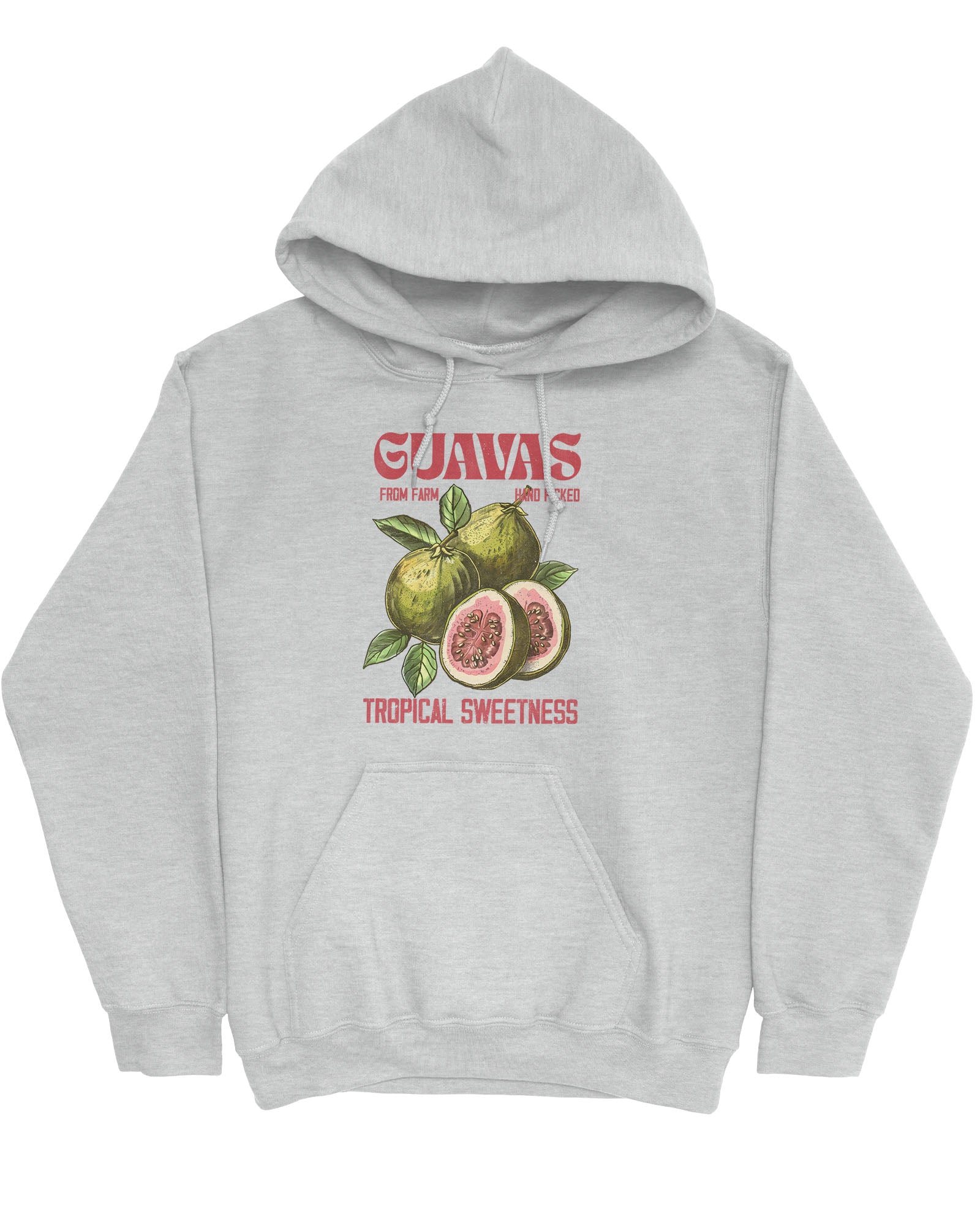 Flat lay of an ash gray Guavas Fruit Hoodie with a retro guava label graphic, giving off vintage tropical vibes.