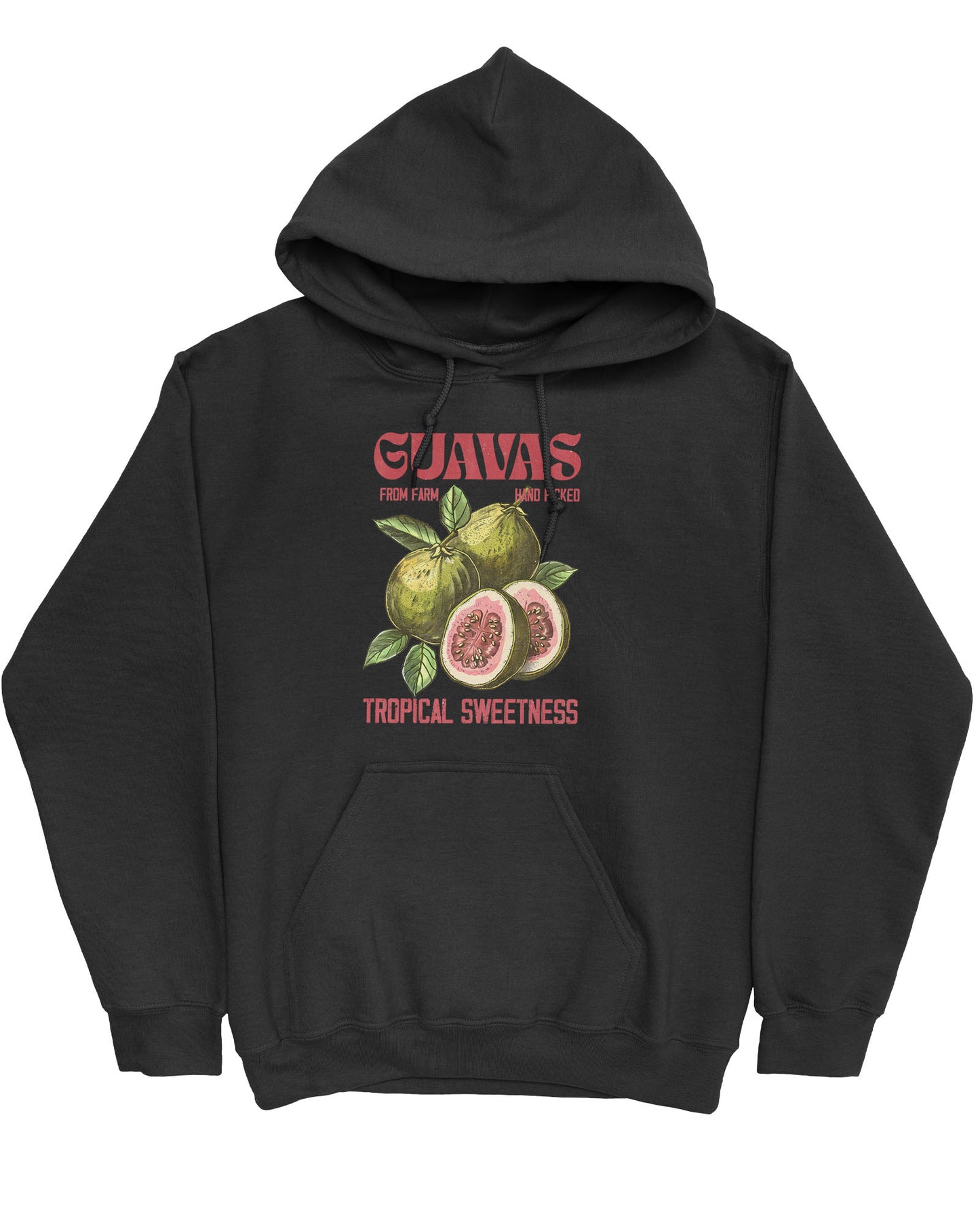Flat lay of a black Guavas Fruit Hoodie with a retro guava label graphic, giving off vintage tropical vibes.