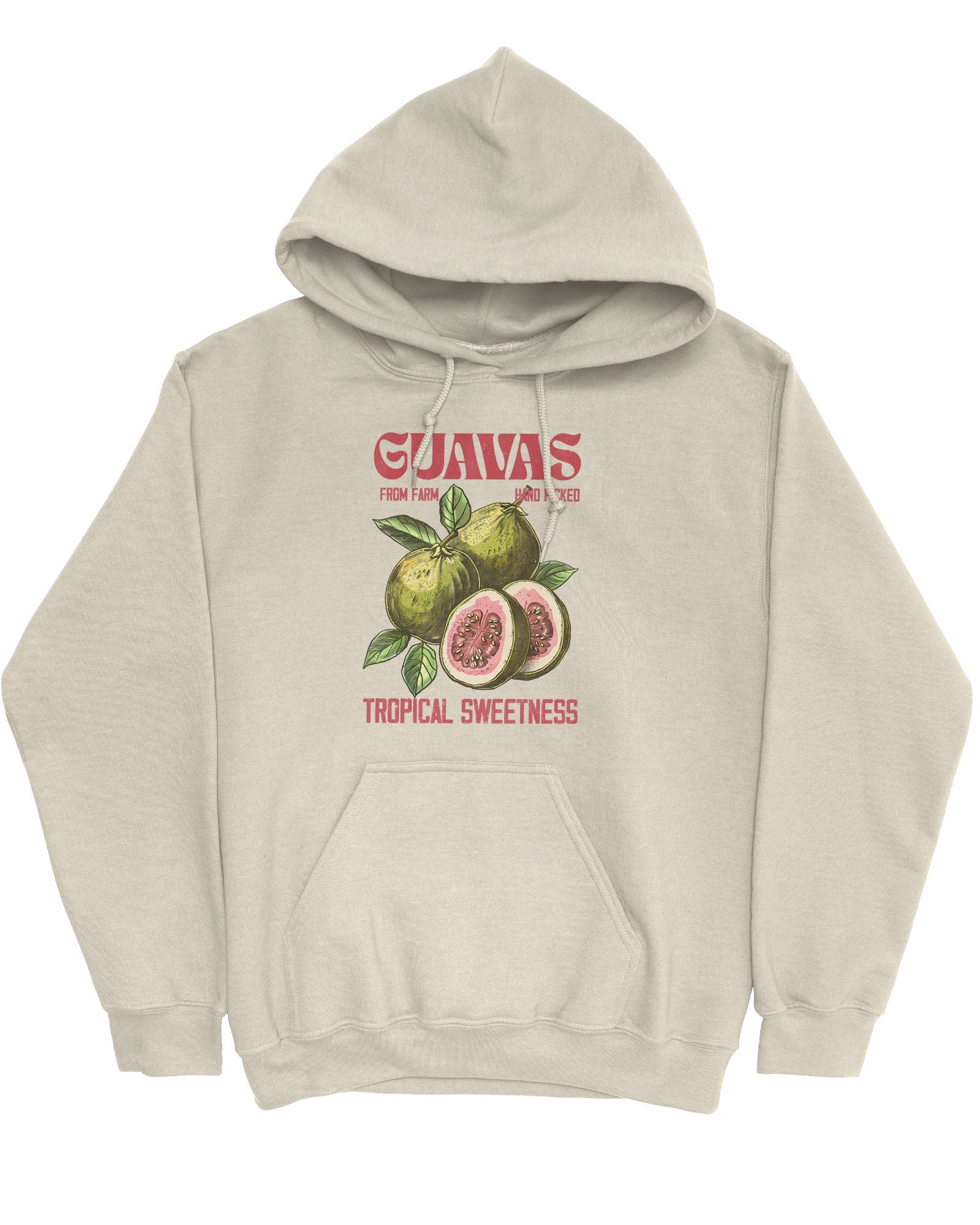 Flat lay of a sand beige Guavas Fruit Hoodie with a retro guava label graphic, giving off vintage tropical vibes.