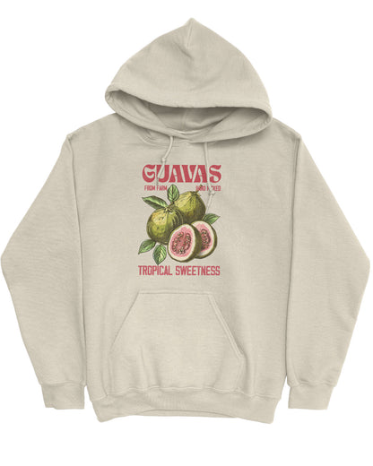 Flat lay of a sand beige Guavas Fruit Hoodie with a retro guava label graphic, giving off vintage tropical vibes.