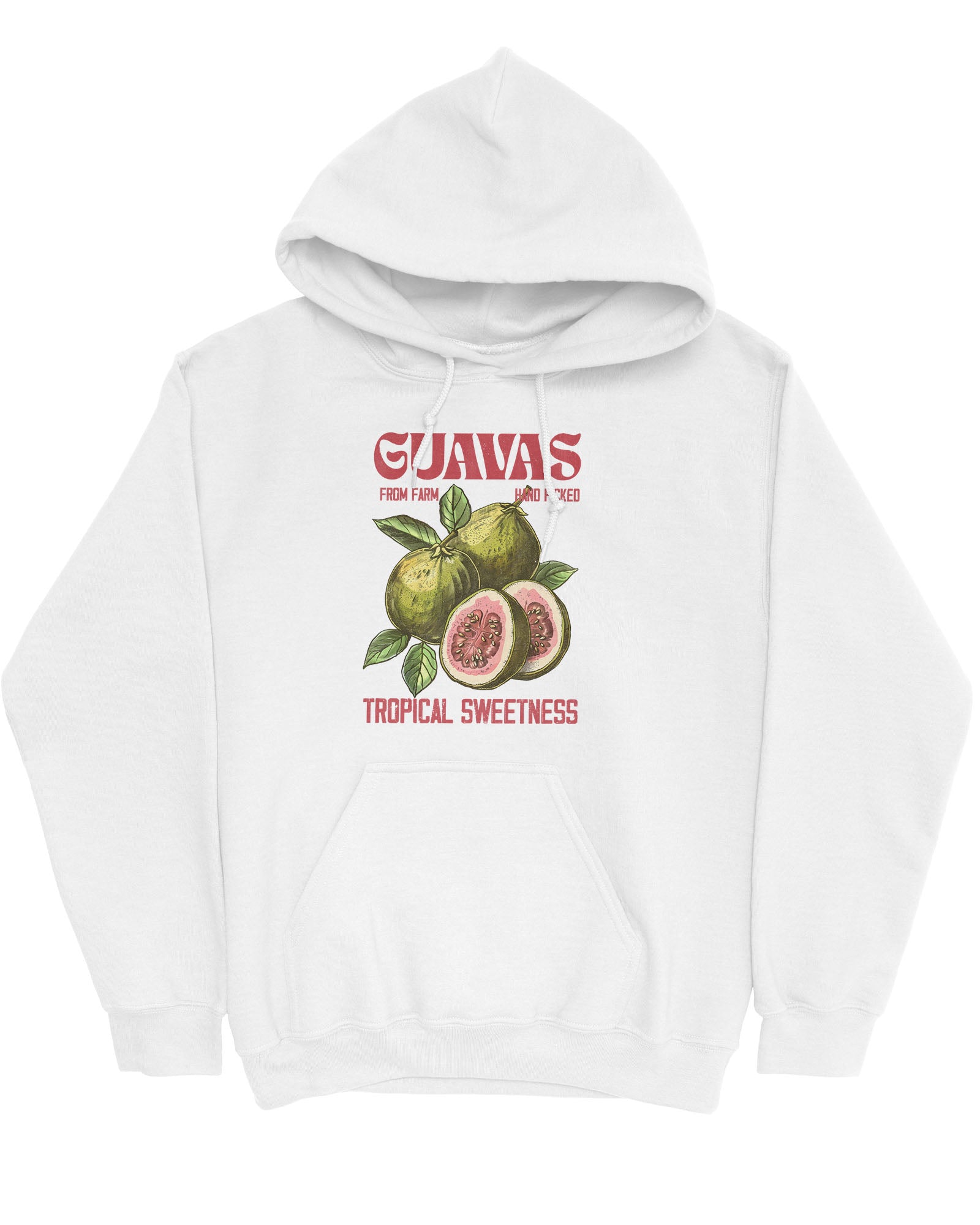 Flat lay of a white Guavas Fruit Hoodie with a retro guava label graphic, giving off vintage tropical vibes.