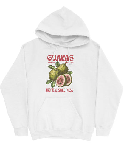 Flat lay of a white Guavas Fruit Hoodie with a retro guava label graphic, giving off vintage tropical vibes.