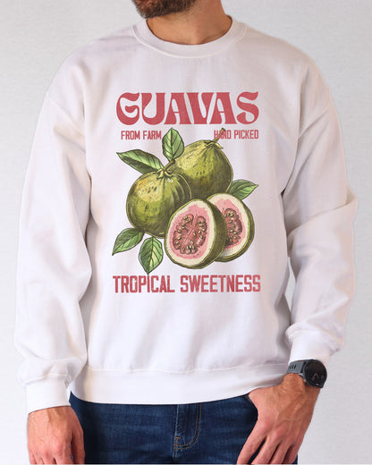 Man wearing white Guavas Fruit sweatshirt
