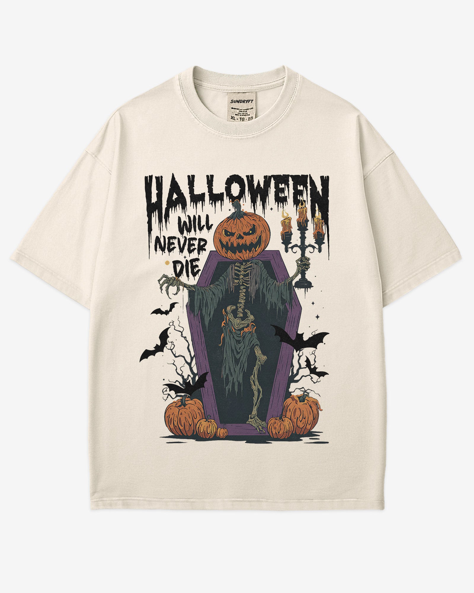 Halloween Will Never Die shirt in ivory with retro graphic of skeleton with pumpkin head climbing out of coffin.
