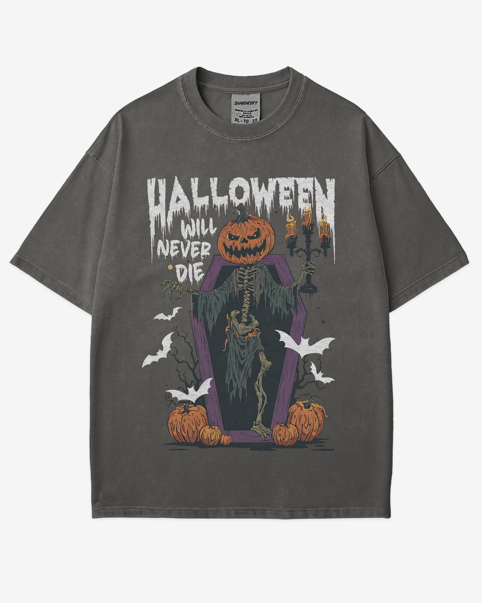 Halloween Will Never Die shirt in pepper with retro graphic of skeleton with pumpkin head climbing out of coffin.