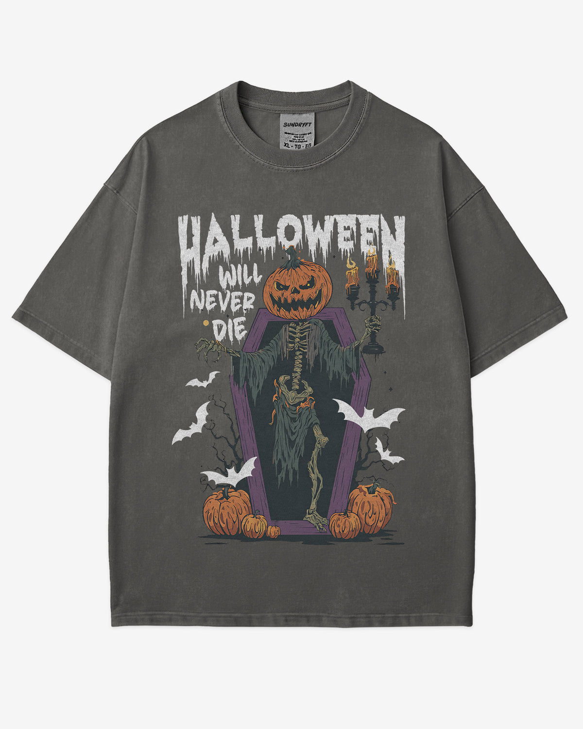 Halloween Will Never Die shirt in pepper with retro graphic of skeleton with pumpkin head climbing out of coffin.