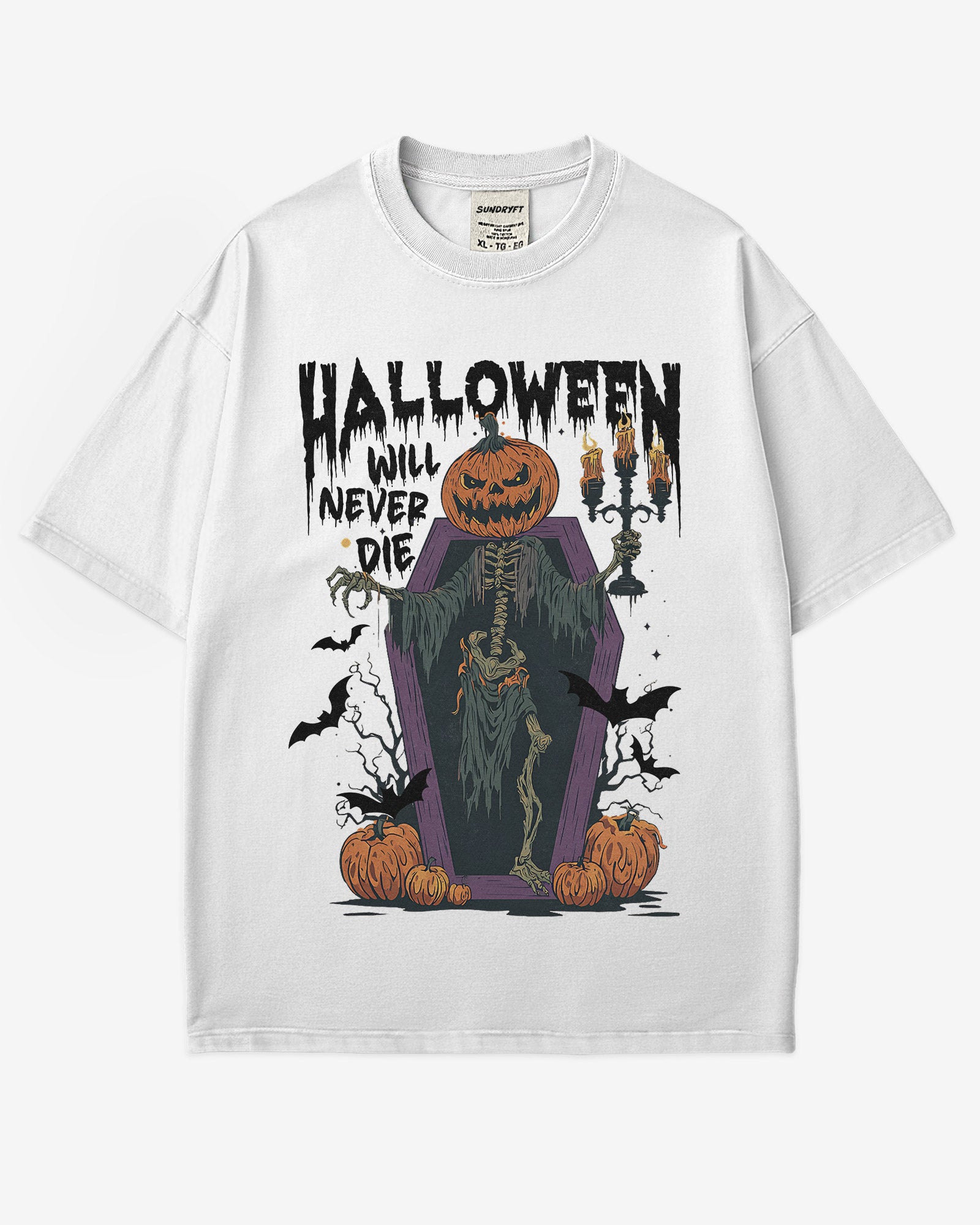 Halloween Will Never Die shirt in white with retro graphic of skeleton with pumpkin head climbing out of coffin.