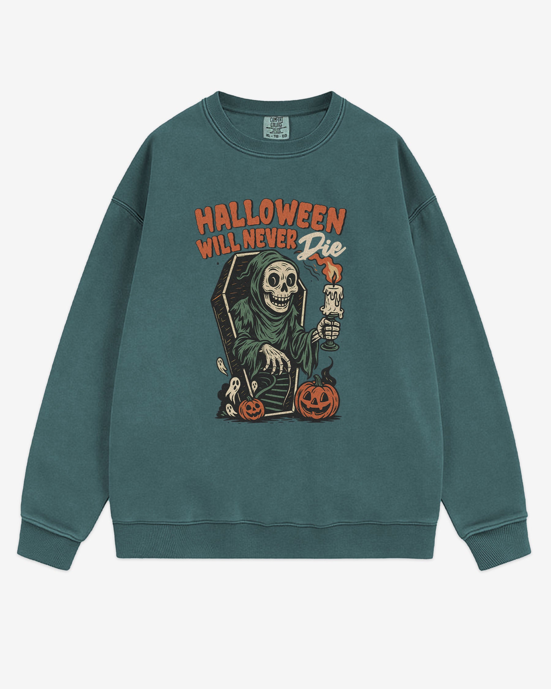 Flat lay blue spruce Halloween Will Never Die sweatshirt, retro skeleton stepping out of casket graphic clothing.
