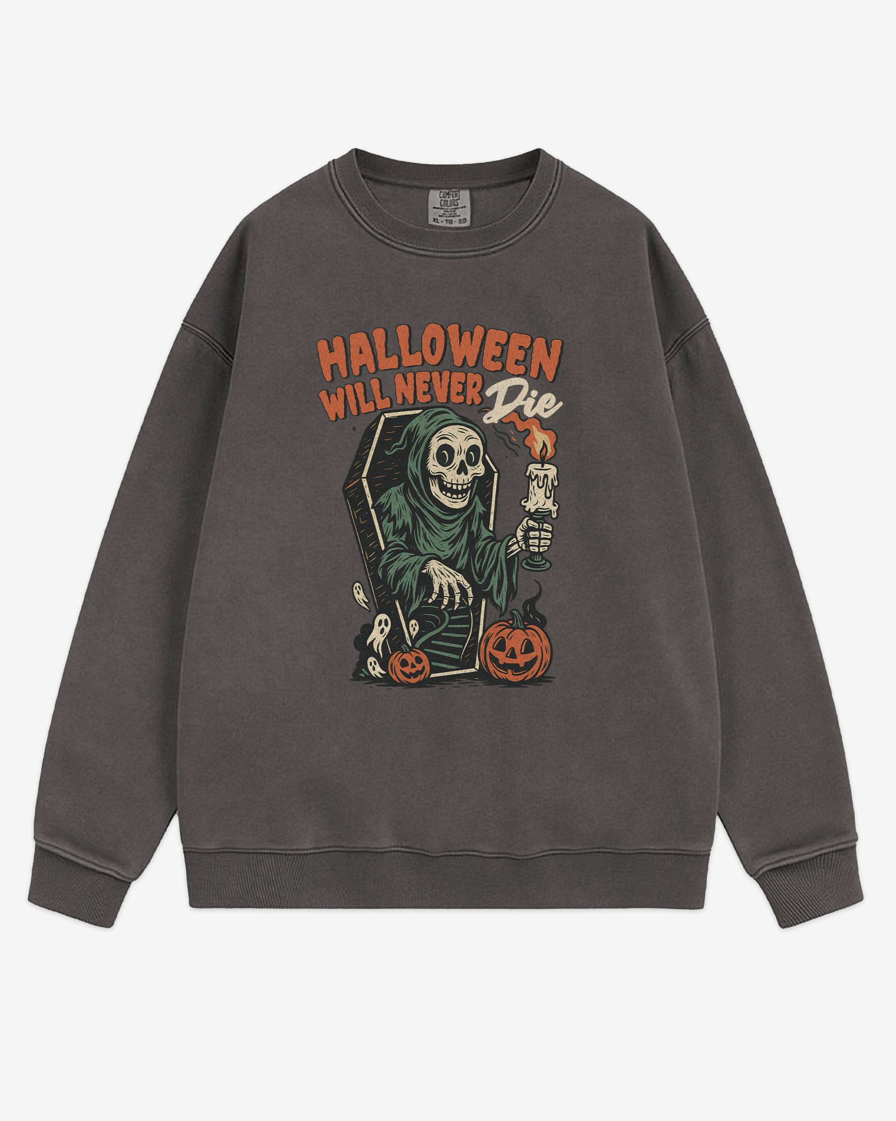 Flat lay pepper Halloween Will Never Die sweatshirt, retro skeleton stepping out of casket graphic clothing.