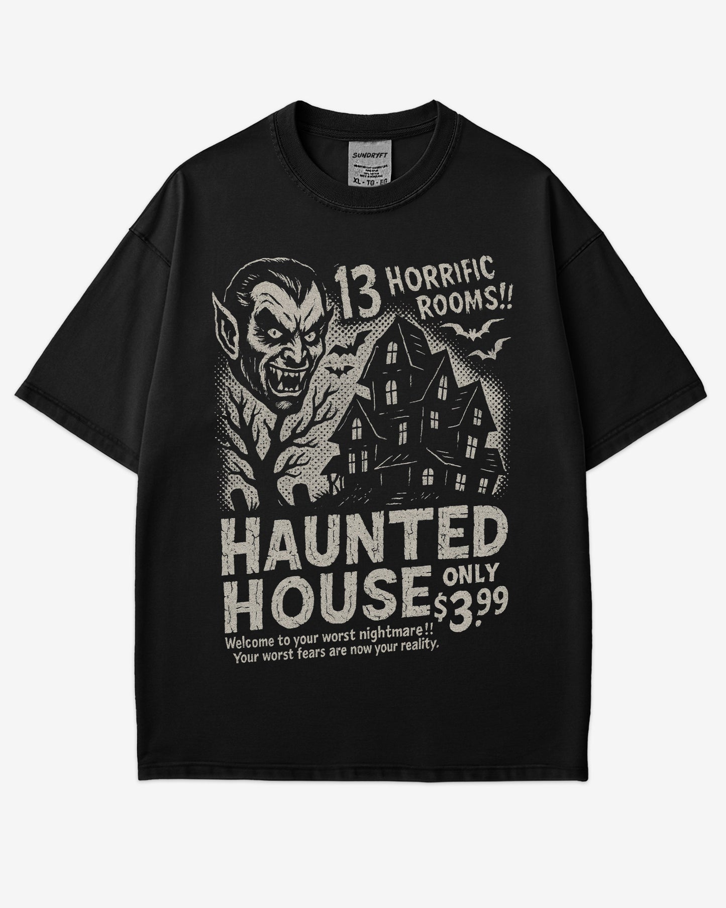 Retro Haunted House Room Renting Shirt in black – vintage Halloween graphic tee with creepy haunted house design, soft cotton unisex outfit