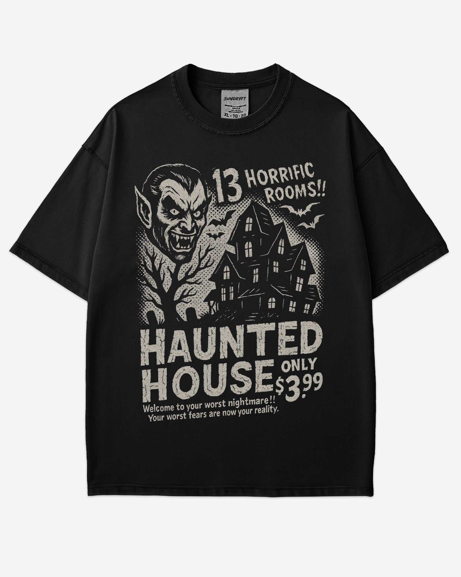 Retro Haunted House Room Renting Shirt in black – vintage Halloween graphic tee with creepy haunted house design, soft cotton unisex outfit