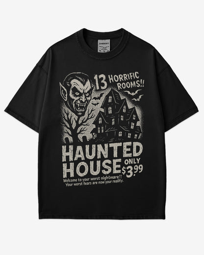 Retro Haunted House Room Renting Shirt in black – vintage Halloween graphic tee with creepy haunted house design, soft cotton unisex outfit