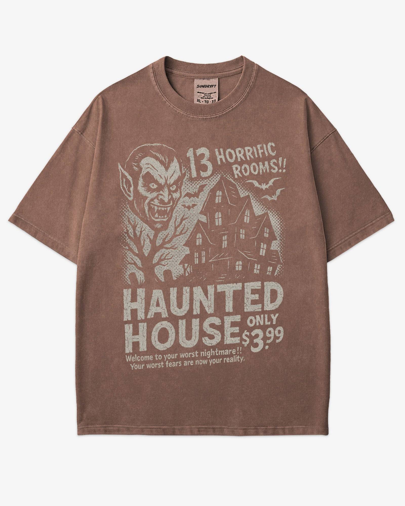 Retro Haunted House Room Renting Shirt in espresso – vintage Halloween graphic tee with creepy haunted house design, soft cotton unisex outfit