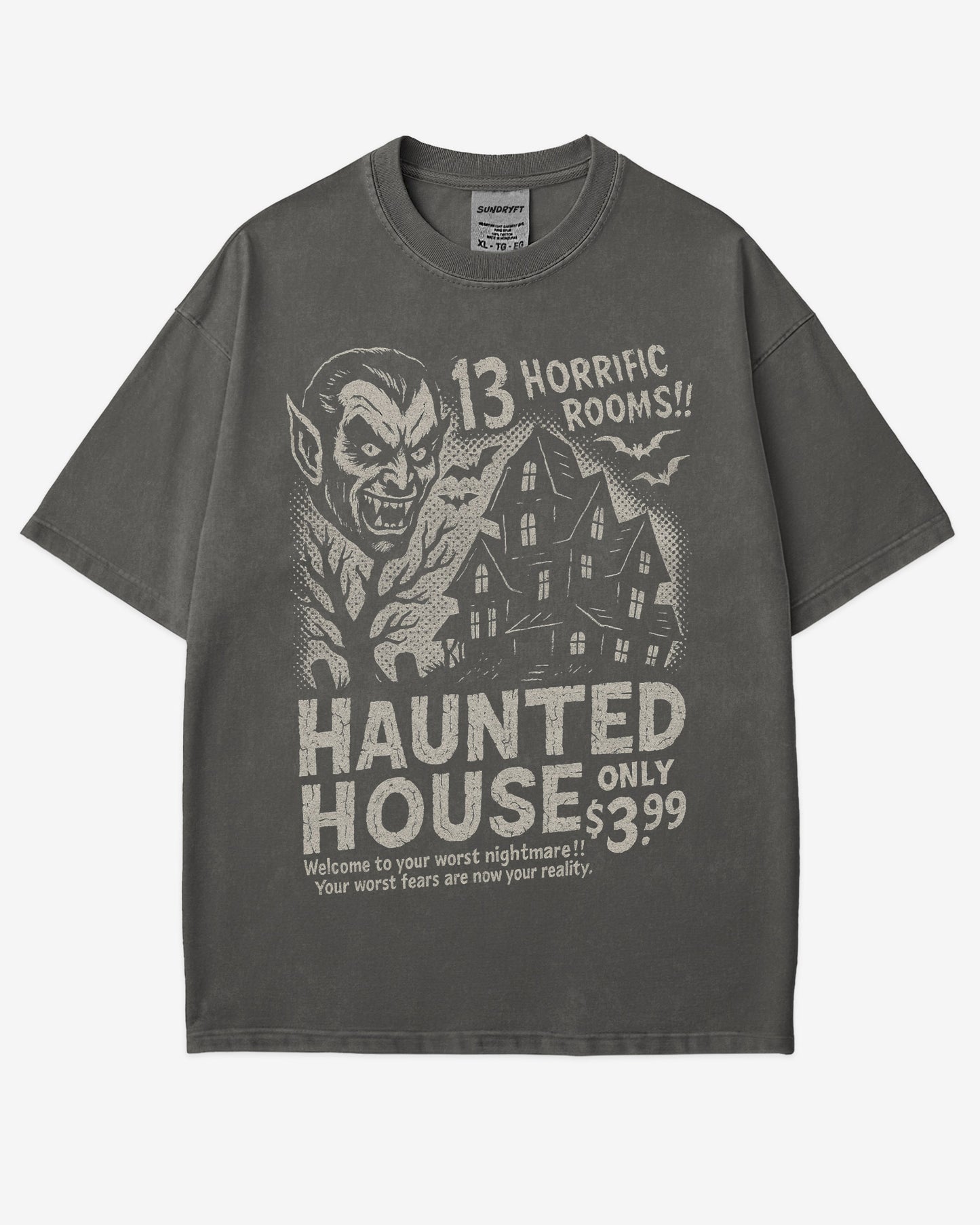 Retro Haunted House Room Renting Shirt in pepper – vintage Halloween graphic tee with creepy haunted house design, soft cotton unisex outfit