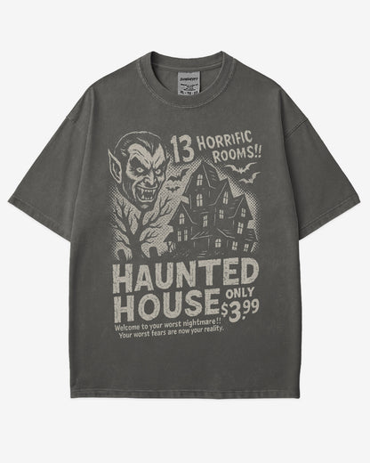 Retro Haunted House Room Renting Shirt in pepper – vintage Halloween graphic tee with creepy haunted house design, soft cotton unisex outfit