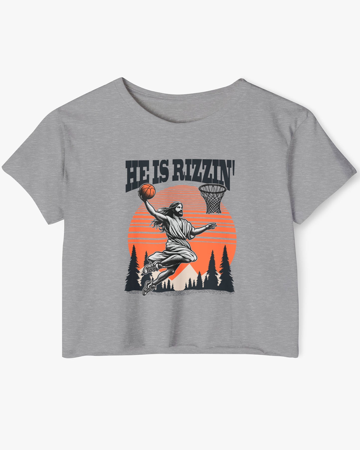 Flat lay of a heather gray 'He Is Rizzin' crop top featuring a funny retro graphic of Jesus slam-dunking a basketball.