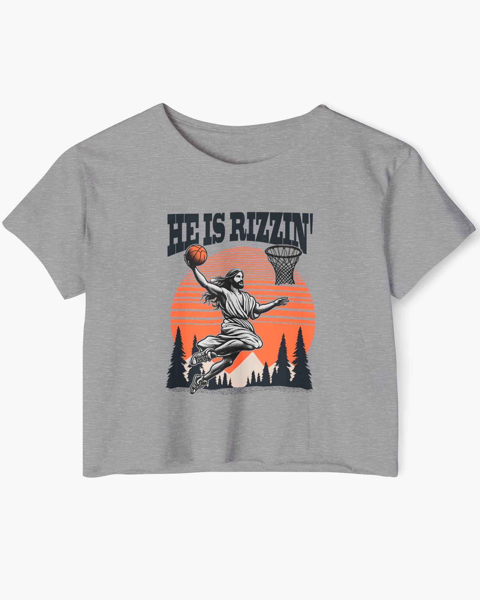 Flat lay of a heather gray 'He Is Rizzin' crop top featuring a funny retro graphic of Jesus slam-dunking a basketball.