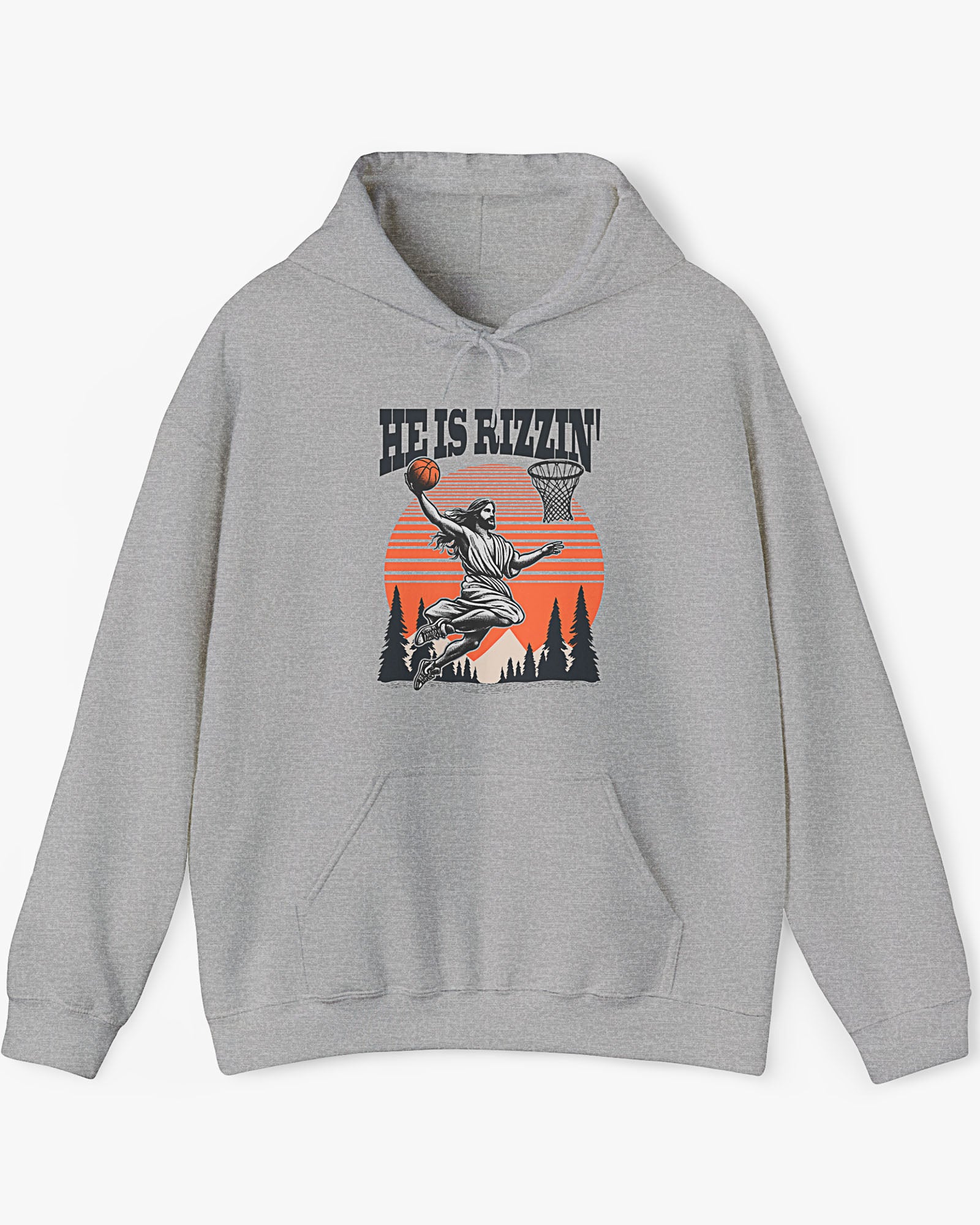 Flat laying sport gray 'He Is Rizzin' hoodie featuring retro Jesus dunking basketball graphic, ideal for Easter.
